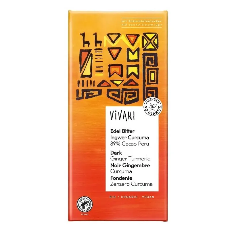 Chocolate BIO negro superior 89% perú jengibre y cúrcuma 80gr - vivani