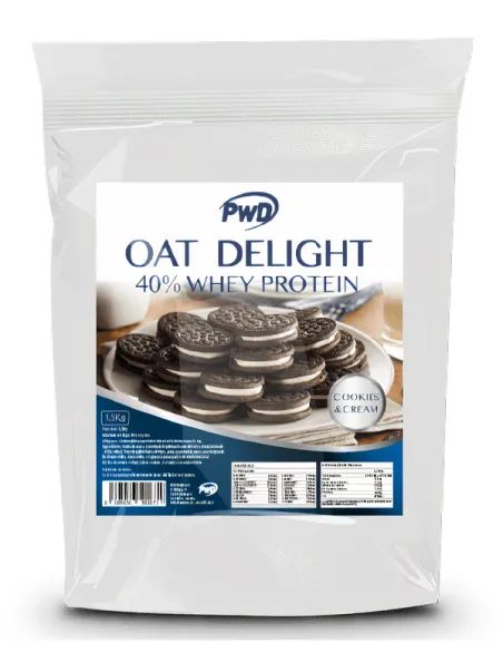 Harina de avena oat delight 40% whey protein cookies y cream 1.5 kg