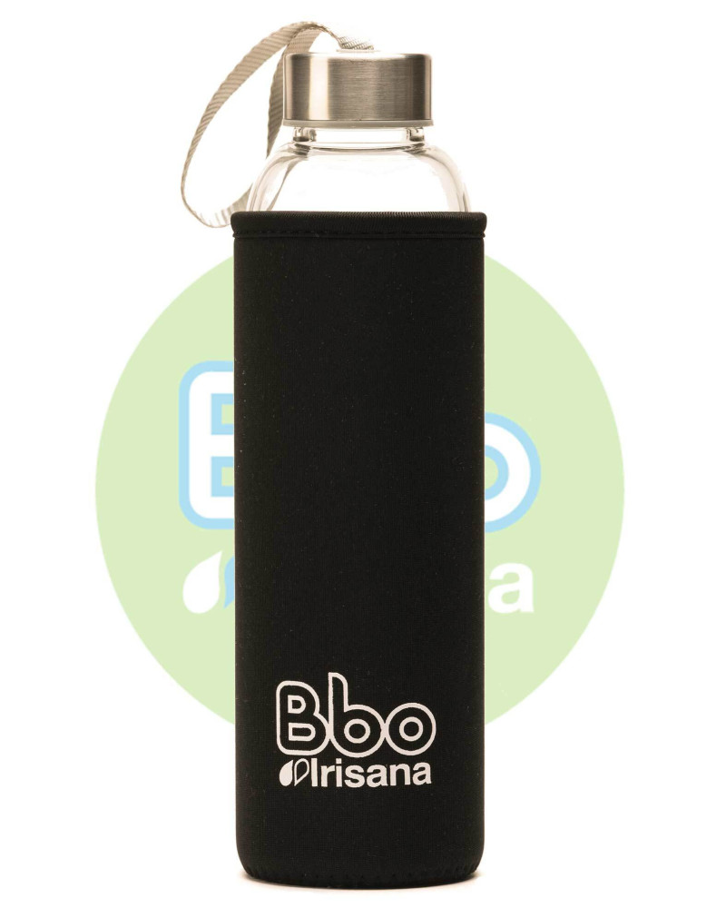 Botella bbo negro borosilicato con neopreno 550 ml.  irisana