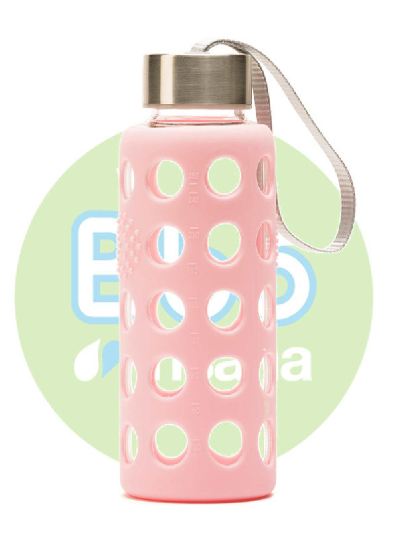 Botella bbo rosa borosilicato con silicona 300 ml.  irisana