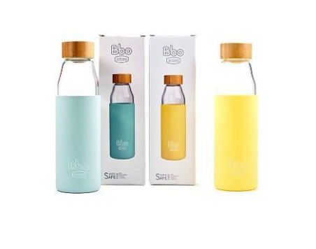 Botella bbo18 irisana borosilicato con silicona azul y tapon de bambu 500ml.