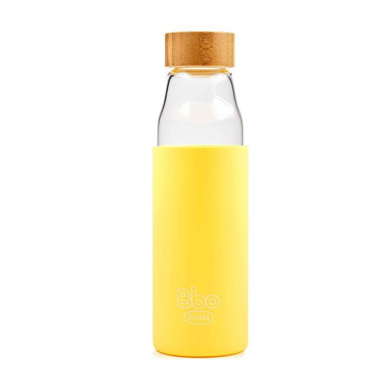 Botella bbo18 borosilicato con silicona amarilla  y tapon de bambu 500ml